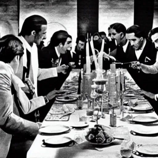 Image similar to the last supper in the godfather movie, Jesus wearing suit, intense scene