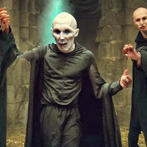 Image similar to vlodymyr zielinski as voldemort tormenting harry potter and friends