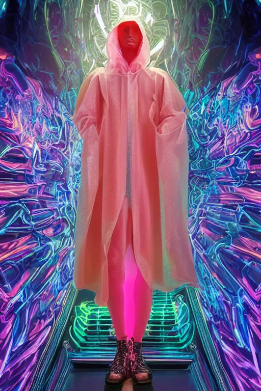 Image similar to full-body baroque and cyberpunk style neon statue of a attractive pale Zayn Malik as a humanoid diety wearing a thin see-through plastic hooded cloak sim roupa, posing like a superhero, glowing peach face, crown of pink lasers, large diamonds, swirling black silk fabric. futuristic elements. oozing glowing liquid, full-length view. space robots. human skulls. throne made of bones, intricate artwork by caravaggio. Trending on artstation, octane render, cinematic lighting from the right, hyper realism, octane render, 8k, depth of field, 3D