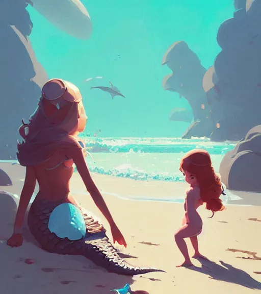 Prompt: a princess and a mermaid on the beautiful beach by atey ghailan, by greg rutkowski, by greg tocchini, by james gilleard, by joe fenton, by kaethe butcher, dynamic lighting, gradient light blue, brown, blonde cream and white color scheme, grunge aesthetic