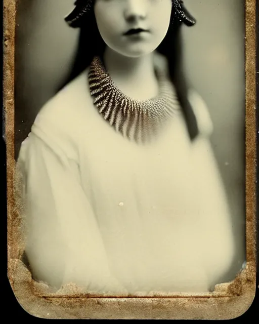 Image similar to [ [ [ [ [ [ tintype ] ] ] ] ] ] black and white dreamy young beautiful veiled female artificial intelligence, realistic pearl ornament in the face, long hair are intricate with highly detailed realistic pearls, cinematic, rim light, bokeh, photo - realistic, elegant, high detail, 8 k, masterpiece, photo taken in 1 9 3 0