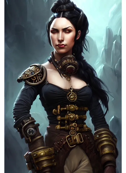 Image similar to a _ fantasy _ style _ portrait _ painting _ of steampunk woman, ponytail black hair, round face, rpg dnd oil _ painting _ unreal _ 5 _ daz. _ rpg _ portrait _ extremely _ detailed _ artgerm _ greg _ rutkowski _ greg