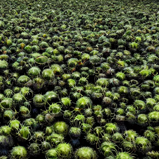 Prompt: ultra wide angle lens, 4 k, high - resolution photograph of a massive dense crop of large, living carnivorous eyeball plants, deep dark color scheme, trending images online