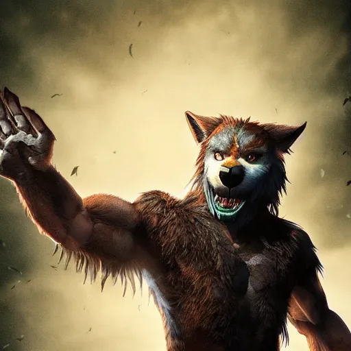 Prompt: furry anthro epic film still cinematic full body realistic werewolf from the movie Van Helsing forest in background