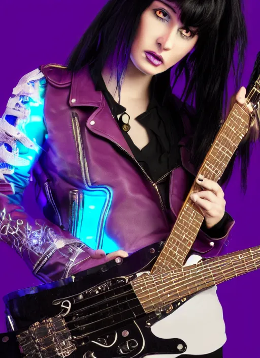 Prompt: woman with black hair and a open leather jacket playing electric guitar, intricate, highly detailed, purple and blue lighting, face enhance, trending on artstation, octane render