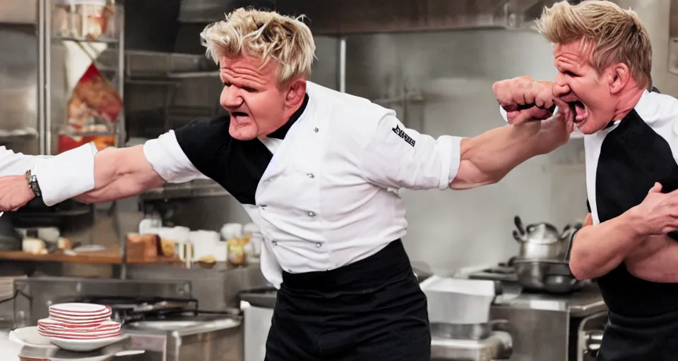 Image similar to photo of angry furious Gordon Ramsay punching Gordon Ramsay at the kitchen