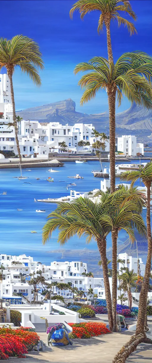 Prompt: hyperrealistic painting of lanzarote, mechanical designs, white houses and palms, boats, technological, detailed engineering, vivid color, elegant, meticulous, cinematic, cyberpunk style, highly detailed, realism, intricate, acrylic on canvas, 8 k resolution, concept art, by noriyoshi ohrai, francesco di giorgio martini