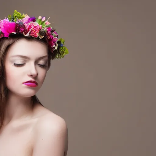 Image similar to a beautiful portrait of a female model with flower headpiece for photoshoot, photography