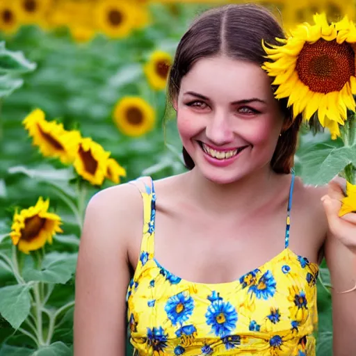 Image similar to Portrait, Illustration of a Ukrainian girl Smiling, Beautiful pretty young, flowers in her dark hair, Scene: Sunflower field, Colors: Yellow sunflowers, blue cloudy sky, In a style of Full Frame