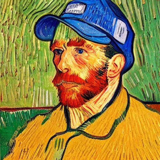 Image similar to oil painting of a man with construction hat holding a package in warehouse in the style of vincent van gogh