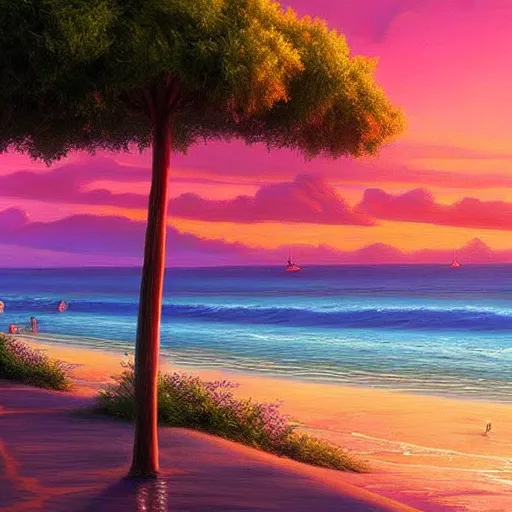 Prompt: relaxing sunset seaside inspired by Evgeny Lushpin n-6