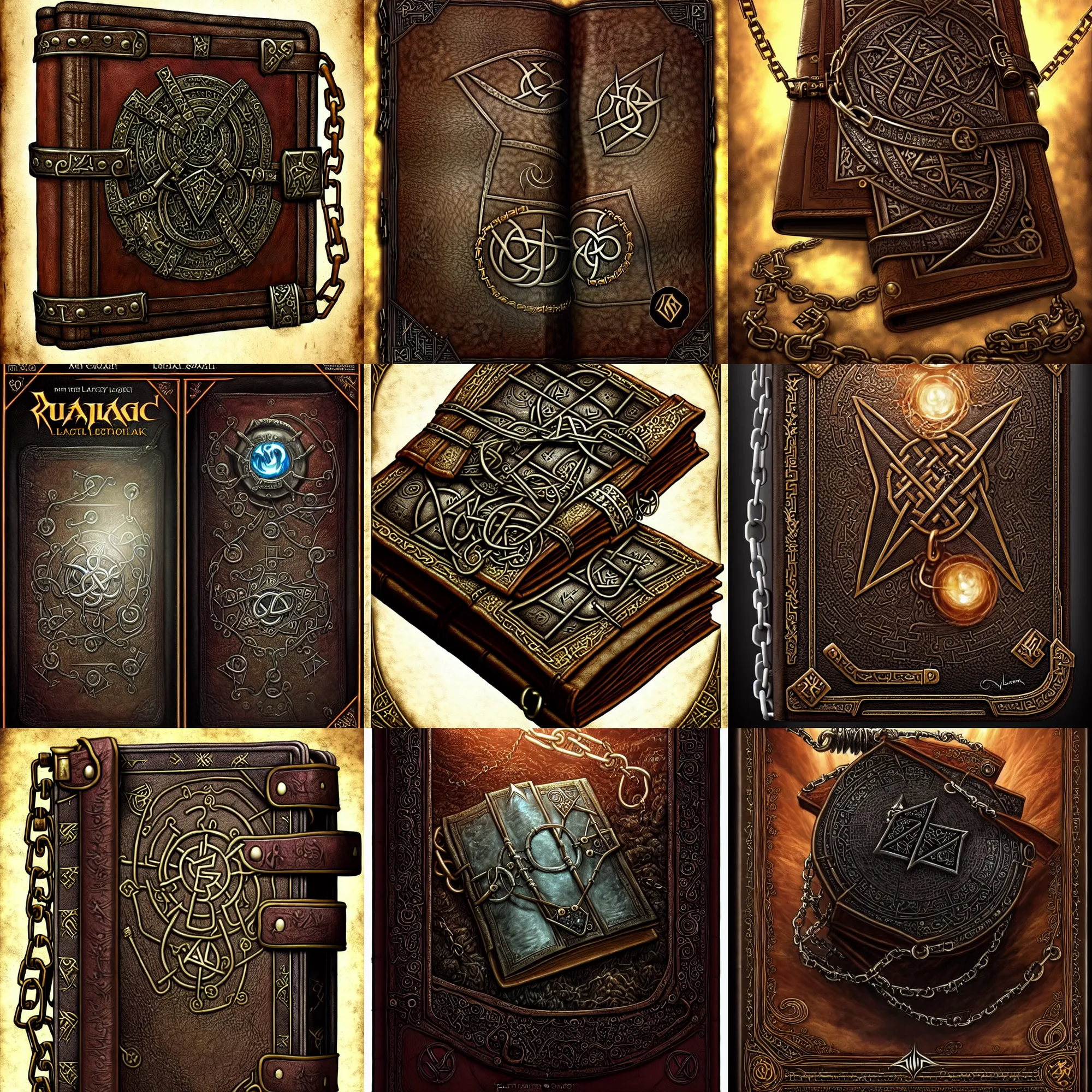 Prompt: detailed digital art of an ancient leather-bound spellbook with heavy metal chains and large locking metal clasps inscribed with runes; magic the gathering art by Volkan Baga, rk post, Lindsey Look, artstation