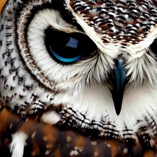 Prompt: A photo of a beautiful owl looking very sad, close-up