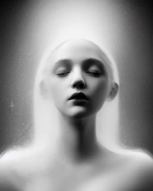 Image similar to soft, delicate, dreamy, dramatic, subsurface scattering, white, young beautiful goddess in cosmos with very long white hair floating in air, fluid smoke art, black and white, octane render, dino valls, mark ryden, joe fenton, michal karcz, highly detailed, rim light, art, cinematic lighting, very coherent, hyper realism, 8 k