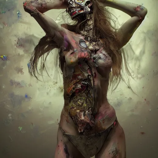 Image similar to full body pose, hyperrealistic mixed media painting of beautiful skull woman, dim volumetric lighting, 8 k, octane beautifully detailed render, extremely hyper detailed, intricate, epic composition, cinematic lighting, masterpiece, trending on artstation, very very detailed, masterpiece, stunning, hdr, smooth, sharp focus, high resolution, award, winning photo, dslr, 5 0 mm