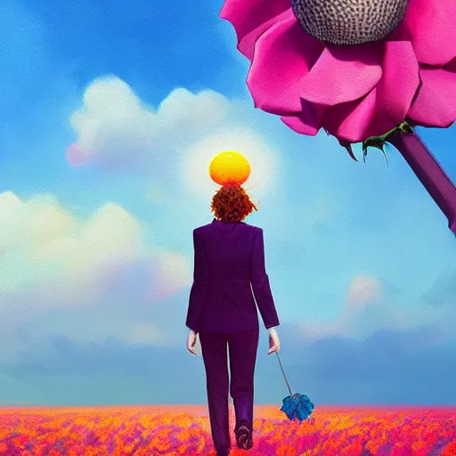 Prompt: portrait, giant rose flower head, girl walking in a suit, surreal photography, sunrise, blue sky, dramatic light, impressionist painting, digital painting, artstation, simon stalenhag