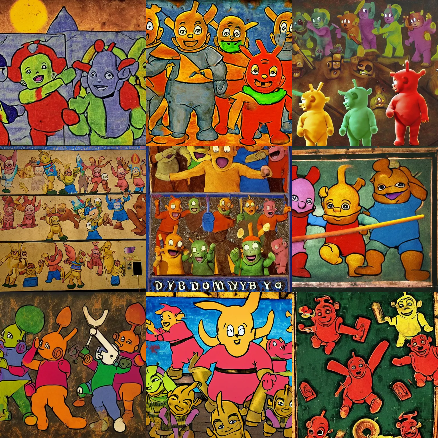 Prompt: Medieval mural of the teletubbies fighting against the Doomslayer from Doom in hell, 4k