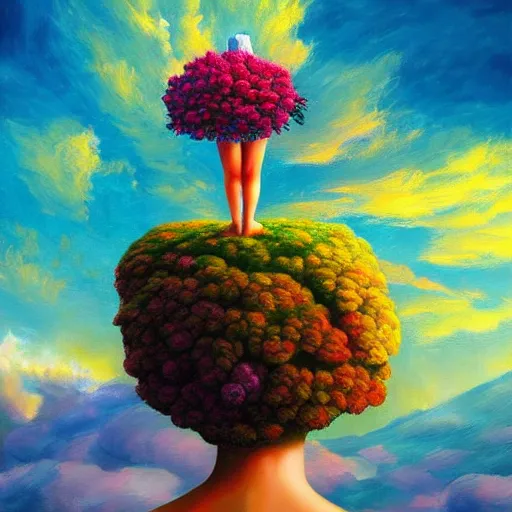 Image similar to giant flower head, frontal, woman standing on mountain, surreal photography, stormy sky, colorful clouds, impressionist painting, digital painting, artstation, rob gonsalves