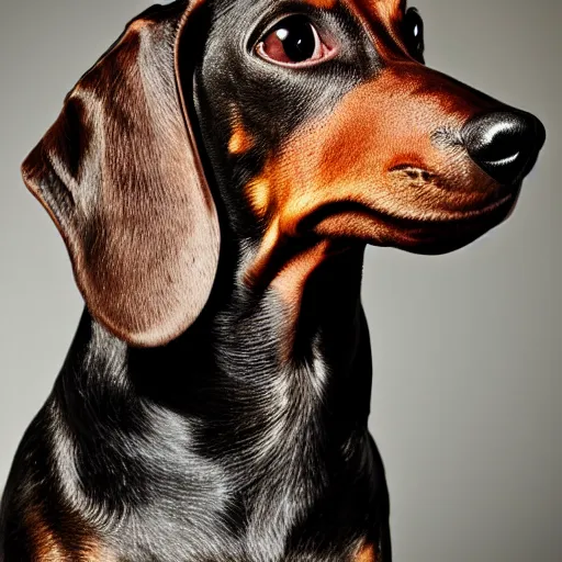 Image similar to portrait of a dachshund human hybrid, studio lighting, realistic, detailed