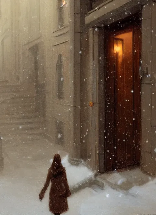 Image similar to back of emma stone in beige coat, walking into new york apartment building in winter, opening door, building entrance, snow, zoomed out, artwork by gaston bussiere, craig mullins, trending on artstation