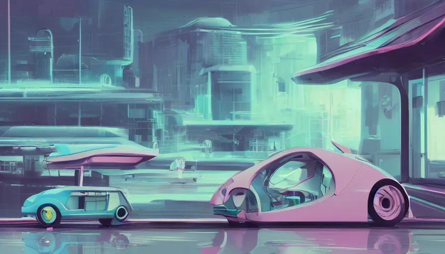 Image similar to pastel color pallete futuristic kiosk floating car with jet engine next to it Future drive through window Highly Illustrated artstation by space goose Cyberpunk buildings in background