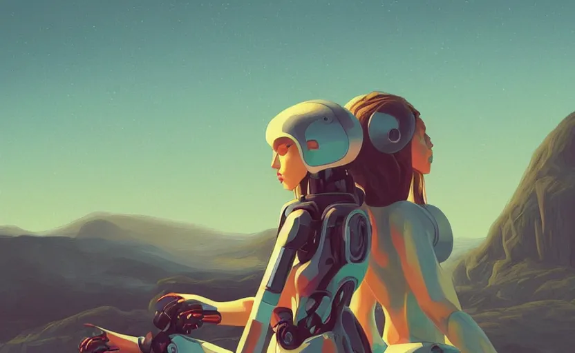 Image similar to it feels like something to be anything. Woman and her robot in a beautiful landscape. Rough strokes and grainy. Interesting colour scheme. Detailed. Beautiful digital art by artist Lurid. (2022)