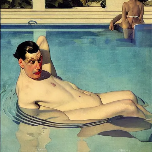 Image similar to portrait of a man swimming in a pool in california, by j. c. leyendecker, tamara de lempicka