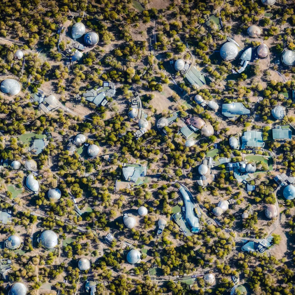 Prompt: aerial view of futuristic commune in the australian outback, parks, recreation, village, high technology, biomimetic, urban planning, XF IQ4, 150MP, 50mm, F1.4, ISO 200, 1/160s, natural light