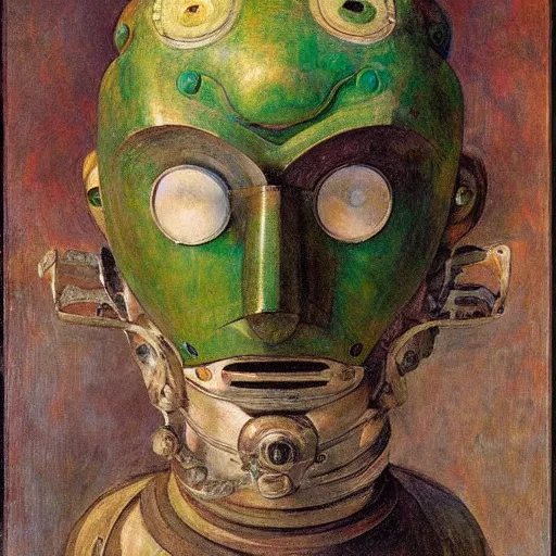 Image similar to the robot in her mechanical mask,by Annie Swynnerton and Diego Rivera, symbolist, dramatic lighting, elaborate geometric ornament, Art Brut, bioluminescent, soft blues and greens,smooth, sharp focus, extremely detailed, Adolf Wölfli