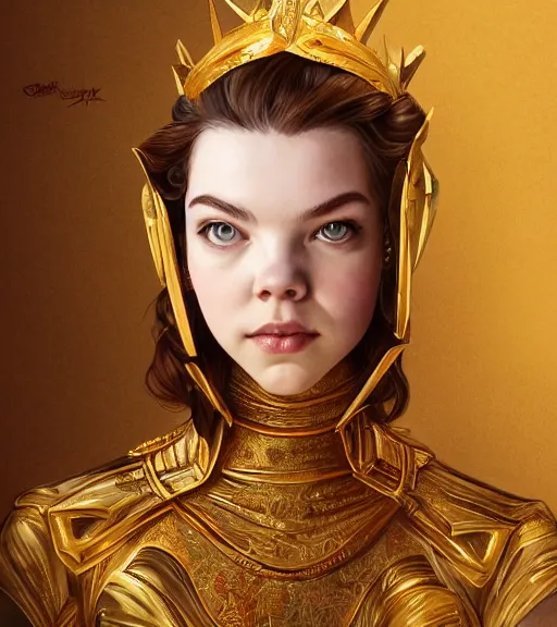 Image similar to Anya Taylor-Joy wearing gold, highly detailed, centered, digital painting, artstation, concept art, smooth, sharp focus, illustration, art by artgerm and donato giancola and Joseph Christian Leyendecker, Ross Tran, WLOP