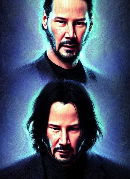 Image similar to keanu reeves made of particles!!!, male, portrait, intricate, highly detailed, digital painting, artstation, concept art, wallpaper, smooth, sharp focus, illustration, art by artgerm and greg rutkowski and alphonse mucha