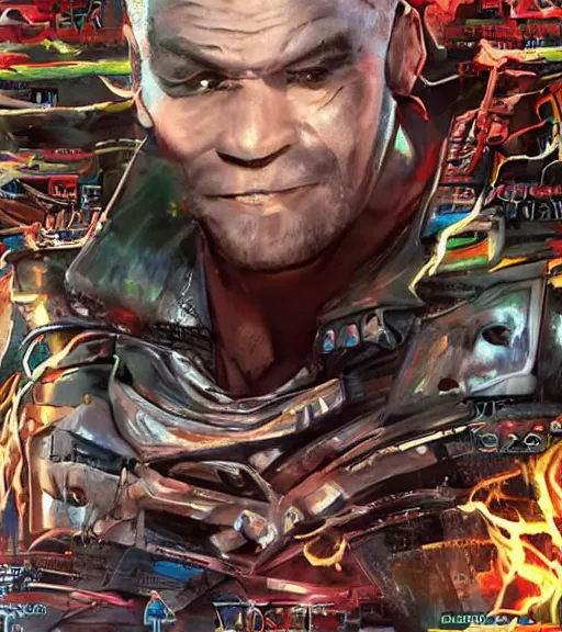 Image similar to a cyberpunk mike tyson, 1 9 7 9 omni magazine cover, style by vincent di fate, artgerm, very coherent, detailed, 4 k resolution, dark, unreal engine, daz