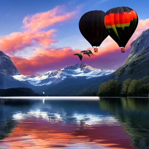 Image similar to photo of two black swans touching heads in a beautiful reflective mountain lake, a colorful hot air balloon is flying above the swans, hot air balloon, intricate, 8k highly professionally detailed, HDR, CGsociety