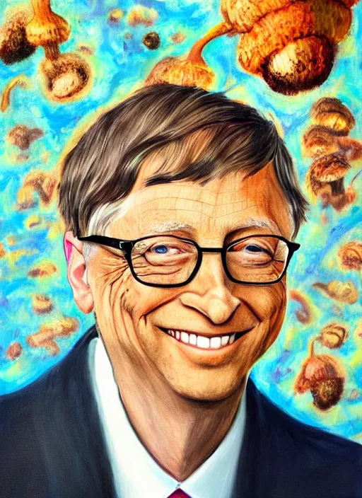 Image similar to photo portrait painting of bill gates on shrooms, expose yourself to art