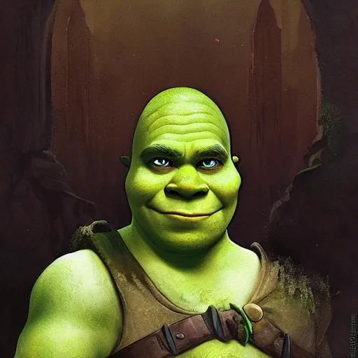 Prompt: shrek as an ancient mythological warrior deity, epic fantasy illustration, portrait, godly and ethereal, by greg rutkowski