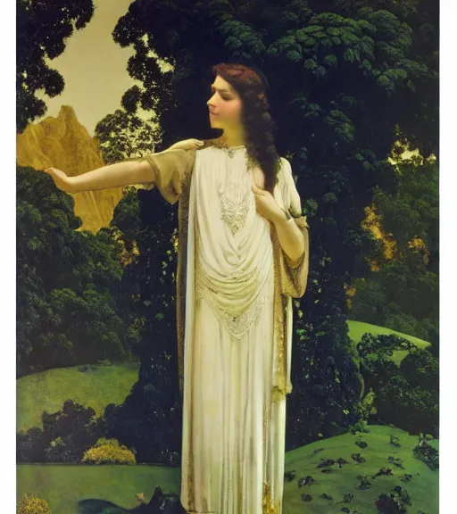 Image similar to an oil painting a queen with dark hair and white fair skin standing on a throne by maxfield parrish, highly detailed, realistic, realism, manierism, oil painting, wide shot