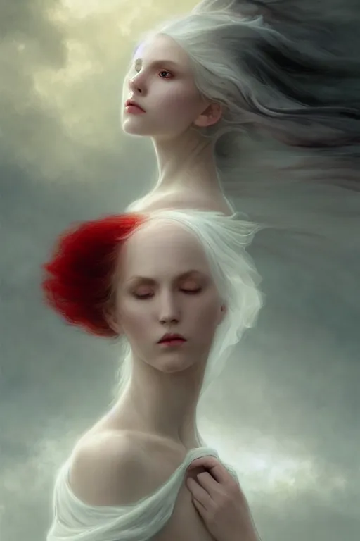 Image similar to portrait of white ghost, dark fantasy, gradient white red grey, dreamy and ethereal, green eyes, golden ratio, peaceful expression, lace, fantasy, intricate, elegant, stormy sky, highly detailed, digital painting, artstation, concept art, smooth, b sharp focus, illustration, art by artgerm and greg rutkowski and alphonse mucha