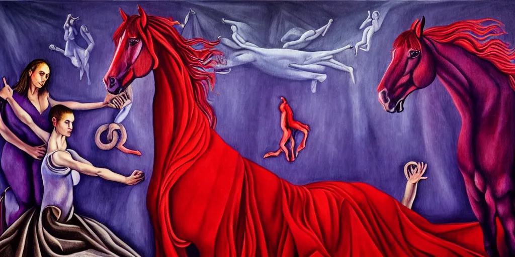 Prompt: only with purple, ney motogrosso in love with a red stallion, too many hands in all directions, in hoc signo vinces, waterfall, in the style of leonora carrington, gottfried helnwein, intricate composition, blue light by caravaggio, insanely quality, highly detailed, masterpiece, red light, artstation