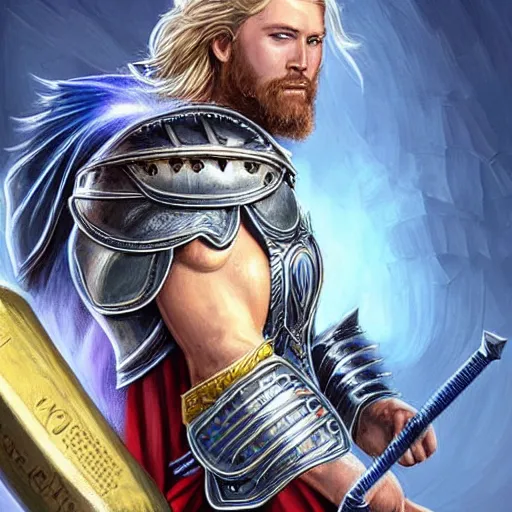 Image similar to A knight who looks like Thor with very short, slicked back, blonde hair style and a short beard, Athletic build. Wears chainmail with a blue robe and yellow cloak, Steel pauldrons, digital art, fantasy art, detailed, realistic, by Tony Sart