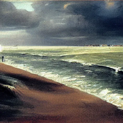 Image similar to painting of Scheveningen beach in a thunderstorm, dramatic