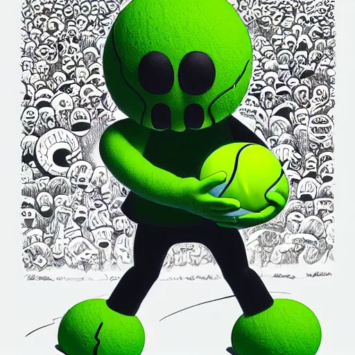 Image similar to a tennis ball monster ,tennis ball,kaws ,chalk digital art, fantasy, magic, trending on artstation, ultra detailed, professional illustration by Basil Gogos