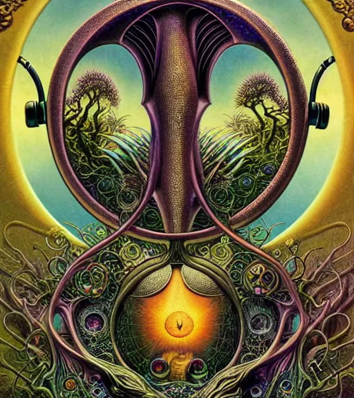 Prompt: tarot style logo of a mythical beast with headphones nodding to some dank techno smiling contentedly with closed eyes. by roger dean and andrew ferez, art forms of nature by ernst haeckel, divine chaos engine, symbolist, visionary, art nouveau, botanical fractal structures, organic, detailed, realistic, surrealism