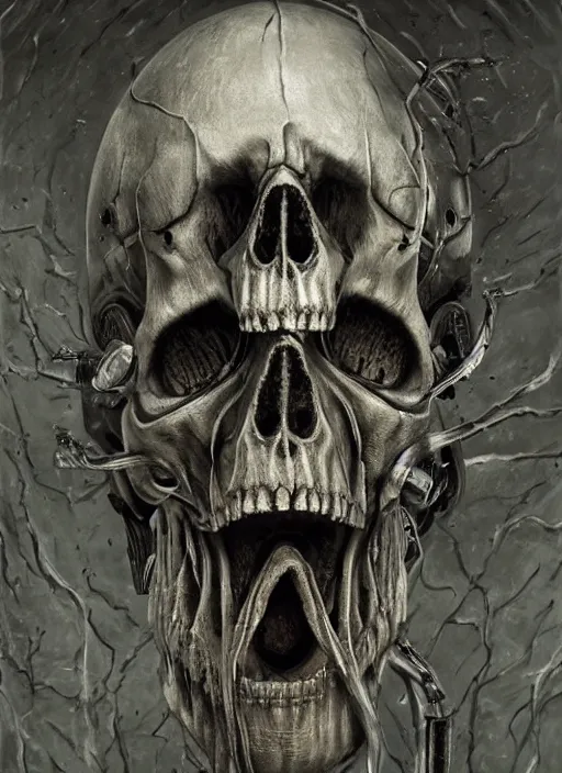 Prompt: portrait of robotic skull, by wayne barlow, stanley donwood, anton semenov, zdzislaw bekinski, hr giger, 8 k, sci fi, dark, highly detailed