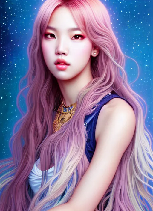 Image similar to lisa of blackpink, goddess of the moon, highly detailed, digital painting, smooth, sharp focus, illustration, ultra realistic, unreal engine, 8 k, art by artgerm and alphonse mucha