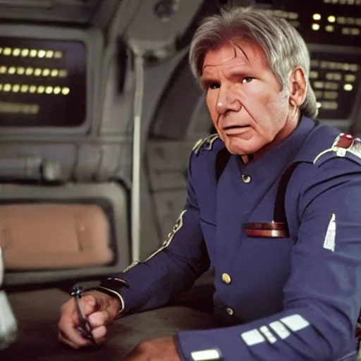 Image similar to A still of Harrison Ford as Commander Adama in Battlestar Galactica (2003), wearing a dark blue colonial uniform