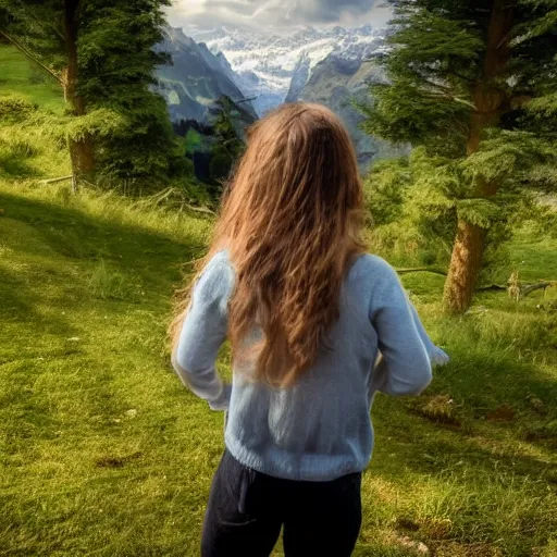 Image similar to a beautiful photograph of a girl with switzerland landscape in the background with trees, hdr, 8 k, high quality, sharp focus, artstation, highly detailed, award - winning, dramatic lighting, beautiful clouds, and nature