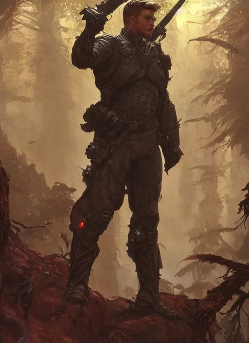 Image similar to a handsome male sci-fi solider exploring a magical rain forest, D&D, fantasy, intricate, cinematic lighting, highly detailed, digital painting, artstation, concept art, smooth, sharp focus, illustration, art by Terry Moore and Greg Rutkowski and Alphonse Mucha