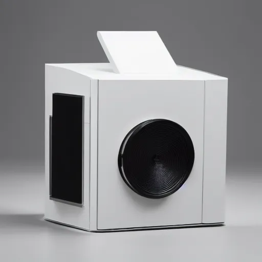 Image similar to a vacuum designed by dieter rams, studio photograph, white background