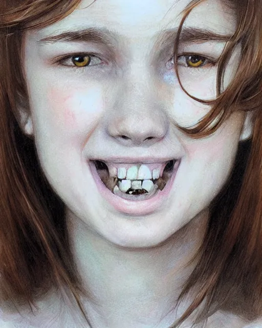 Prompt: symmetry!! portrait of smiling 1 5 - year - old girl with voluminous bushy brown hair, large front teeth, and bright piercing brown eyes, hyper realistic face, beautiful eyes, fantasy art, in the style of greg rutkowski, intricate, hyper detailed, smooth