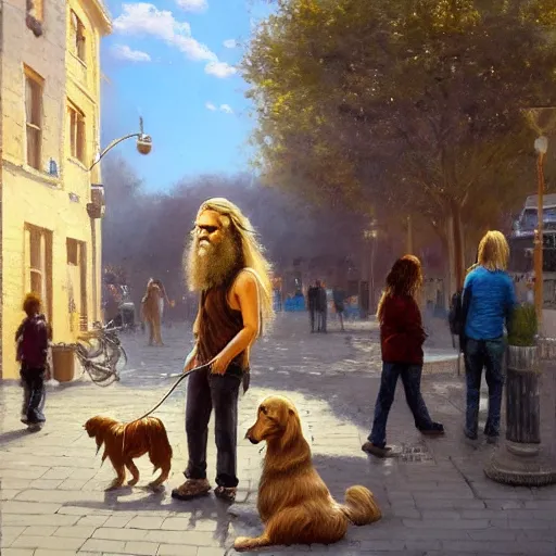 Image similar to oil painting of a young man with long hair blond and a beard hippie style with his golden retrever dog playing guitar in the square for money, people watching around, by greg rutkowski, artstation